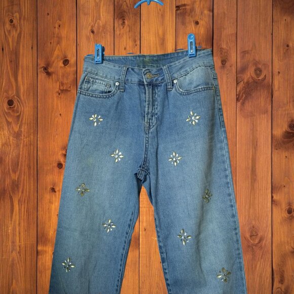 Rewash Juniors Size 1R/25 Blue Beaded Frayed Hem Denim Jeans Boho Hippie - Picture 2 of 5